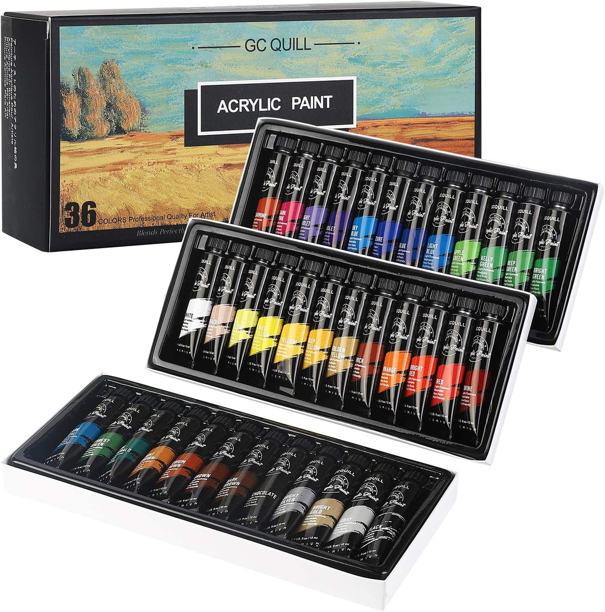 36 Colours Acrylic Paint Set 12 ml x36 Tubes for Beginner, Student, Adult, Artist, Paint On Wood, Ceramic, Fabric, Crafts GC-AP36