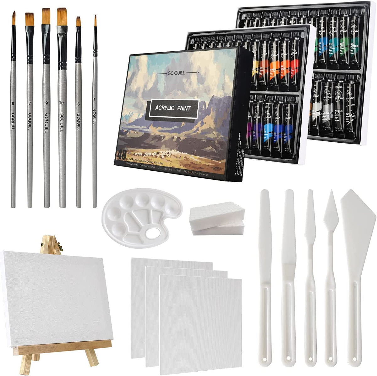 48 Colours Acrylic Paint Set 12ml x48 Tubes with 6 Paint Brushes, Palette Knives,Canvas, Easel, for Artist GC-APK48