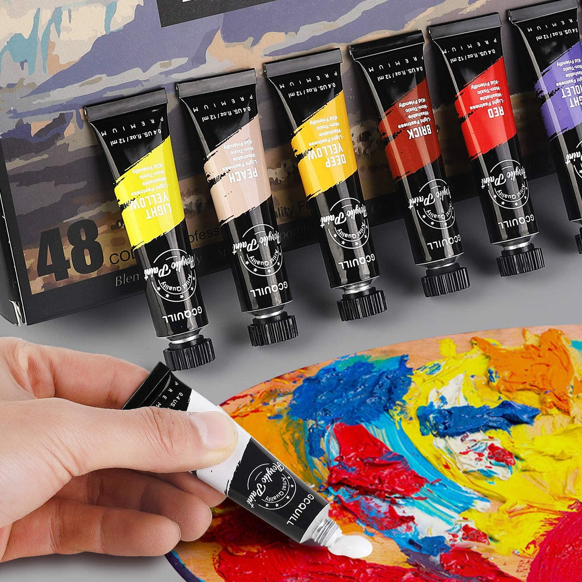 48 Colours Acrylic Paint Set 12ml x48 Tubes with 6 Paint Brushes, Palette Knives,Canvas, Easel, for Artist GC-APK48