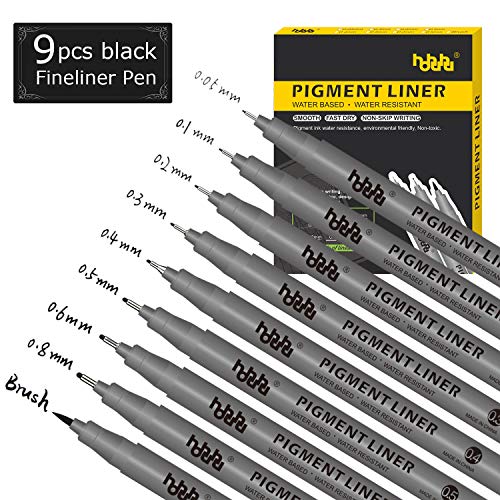 Black Micro-Pen Fineliner Ink Pens, Set of 9 Various Size Tip, Drawing Pens, Precision Micro-Line Pens, Illustration Pens, Multiliner HO-L9