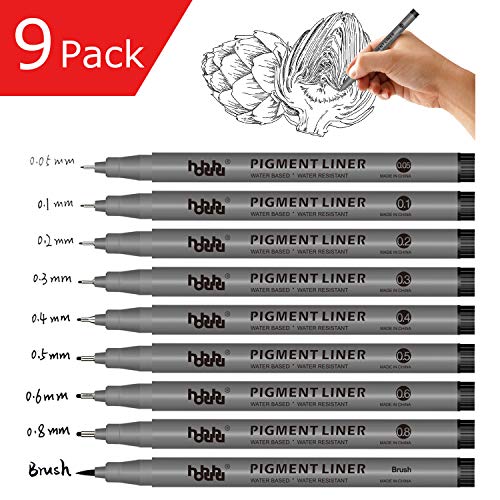 Black Micro-Pen Fineliner Ink Pens, Set of 9 Various Size Tip, Drawing Pens, Precision Micro-Line Pens, Illustration Pens, Multiliner HO-L9