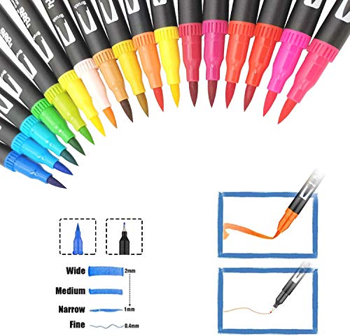 36 Colors Dual Tip Brush Pens Highlighter Art Markers 0.4mm Fine