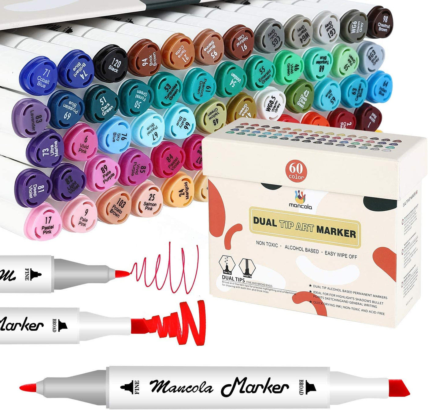 60 Colors Alcohol Based Markers, Fine & Broad Dual Tip Permanent