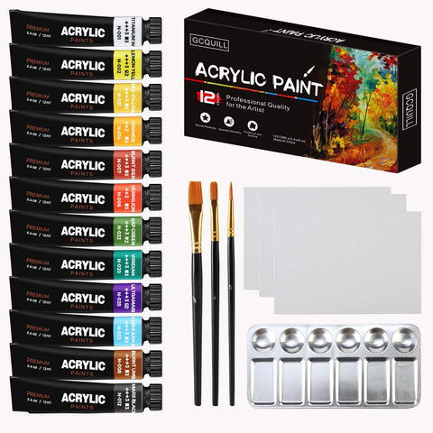 Acrylic Paint, Set of 12 Paints - for Canvas, Fabric, Glass