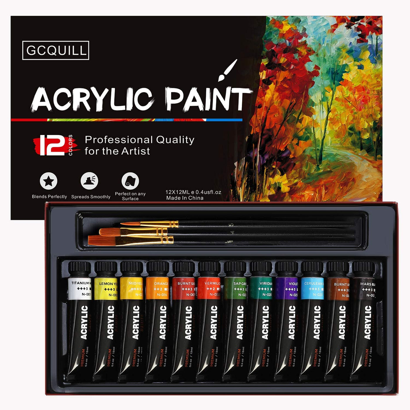 Acrylic Paint, Set of 12 Paints - for Canvas, Fabric, Glass