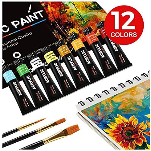 Acrylic Paint Set, 48 Colors (2 oz/Bottle) with 12 Art Brushes, Art Supplies for Painting Canvas, Wood, Ceramic & Fabric, Rich Pigments Lasting
