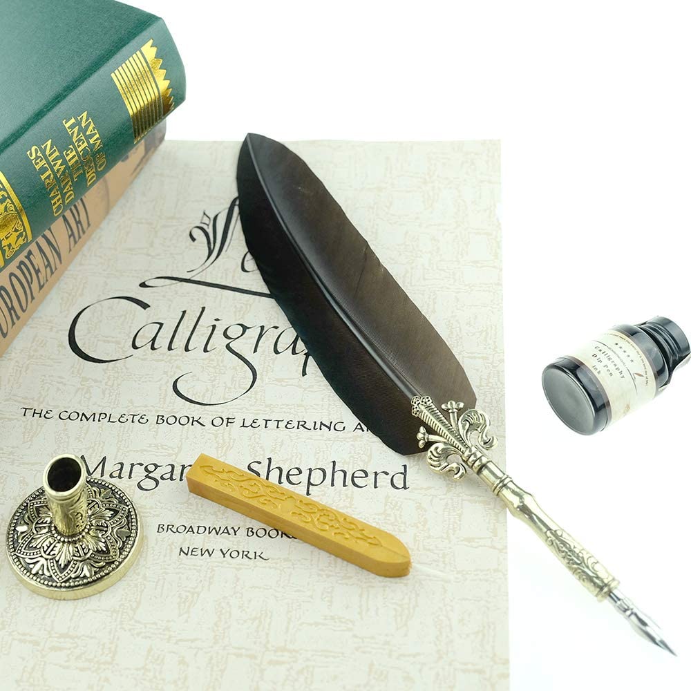 Antique Feather Writing Quill Pen Gold Pen Stem Calligraphy Pen Set 100% Quality Guarantee