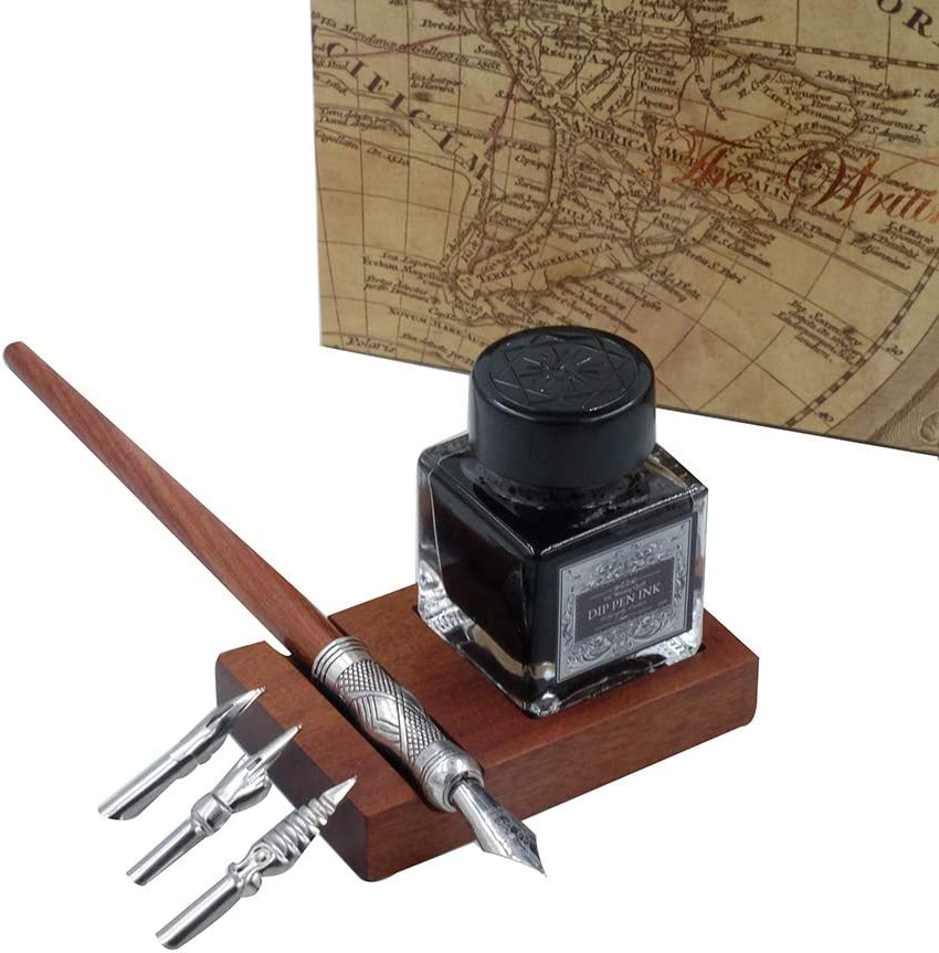 Calligraphy Pen Set-Handcrafted Wooden Dip Pen with 3 nibs, black ink, –  hhhouu