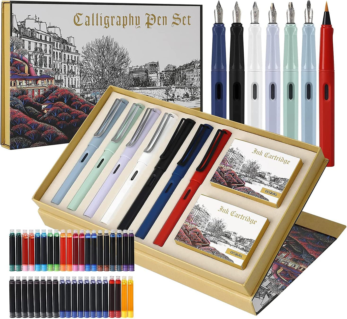 DTianSir Calligraphy Pen set,Fountain Pens with 7 Different Replaceable  Nibs with 60 Ink Cartridges(12 Colors),Calligraphy set for Beginner Writing