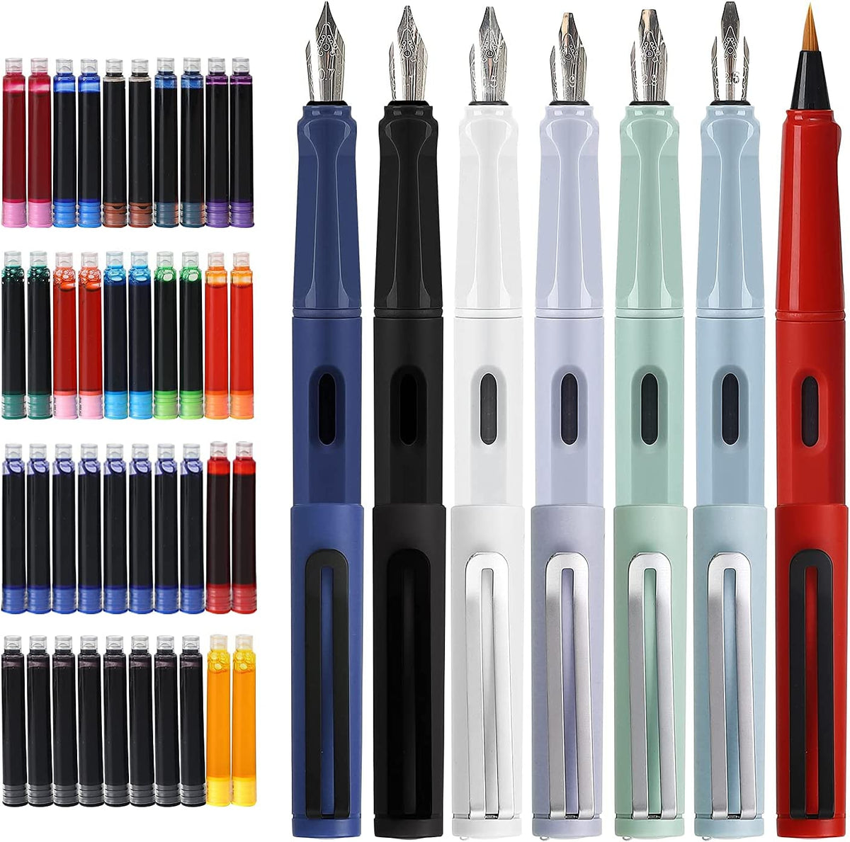 Calligraphy Pen Set, 7 Calligraphy Fountain Pens with Different Nibs and 40 Ink Cartridges, Calligraphy Set for Beginners- MU-09