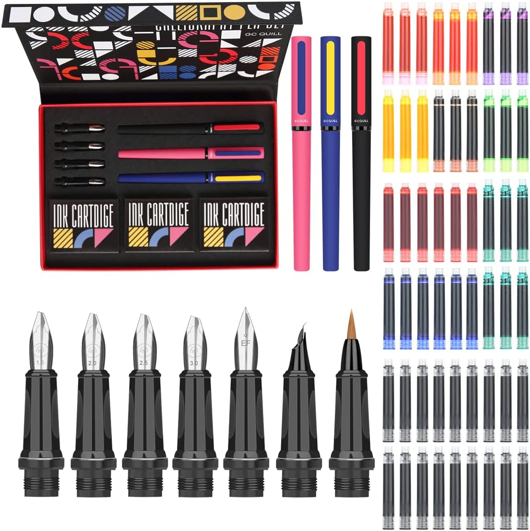 Calligraphy Pens Set 64pcs - Calligraphy Fountain Pen Set with 3 Fountain  Pens, 7 Varied Nibs, 54 Ink Cartridges(10 Colors) - Writing, Drawing and