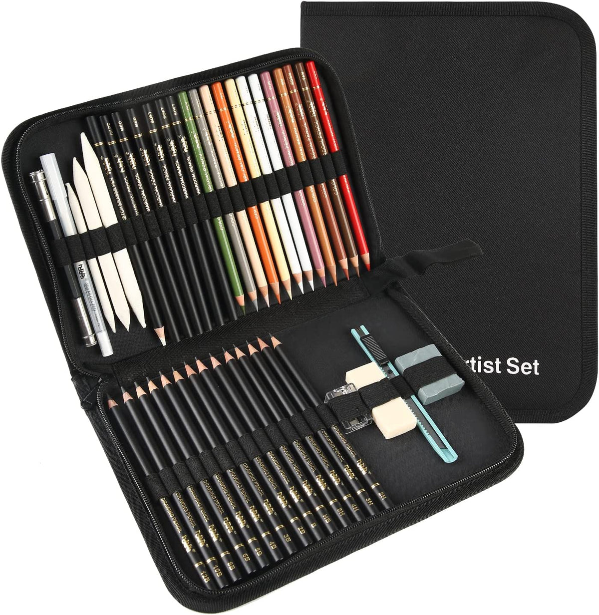 hhhouu Drawing Set Arts Professional Kit Graphite & Colored Charcoal Pencils Painting tools for Kids, Teens Adults With Kneaded Eraser, Paper Pencil, Sharpener BW-CPS-N01