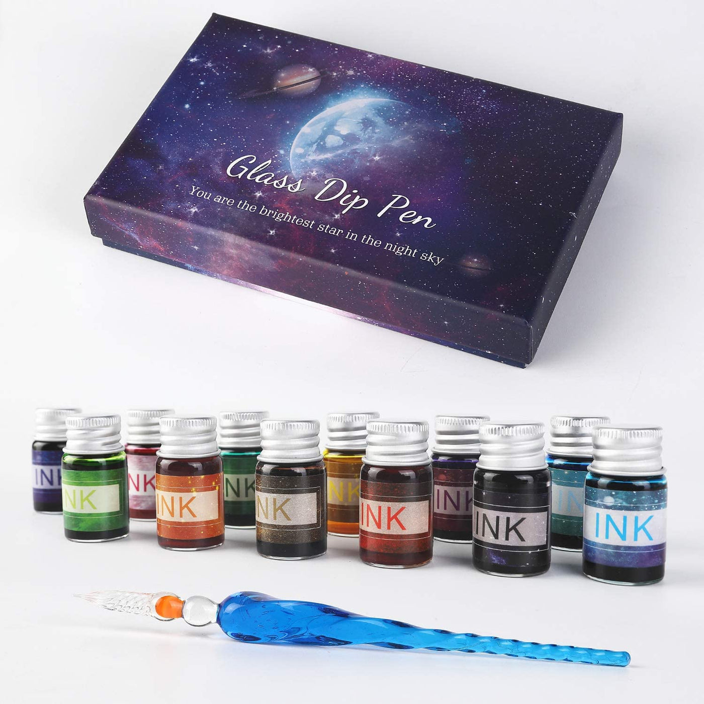 Crystal Glass Dip Pen Ink Set-Dip Pen with 12 Color Ink bottles for Art,  Writing