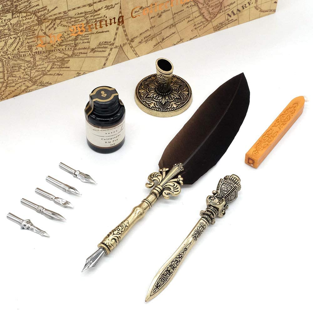 Feather Calligraphy Pen Ink Set, Includes Quill Pen and Wooden Dip Pen, Ink