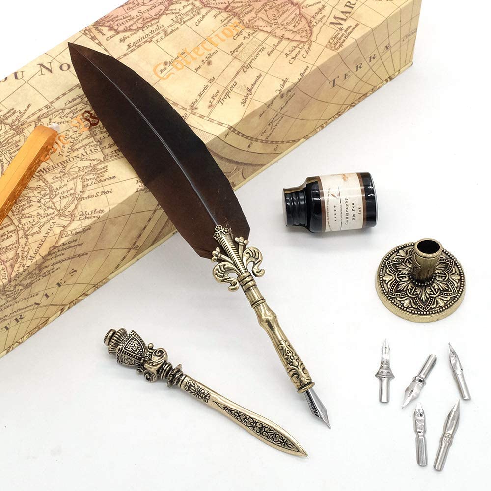Feather Pen and Ink Set, Calligraphy Quill Pen with Metal Letter