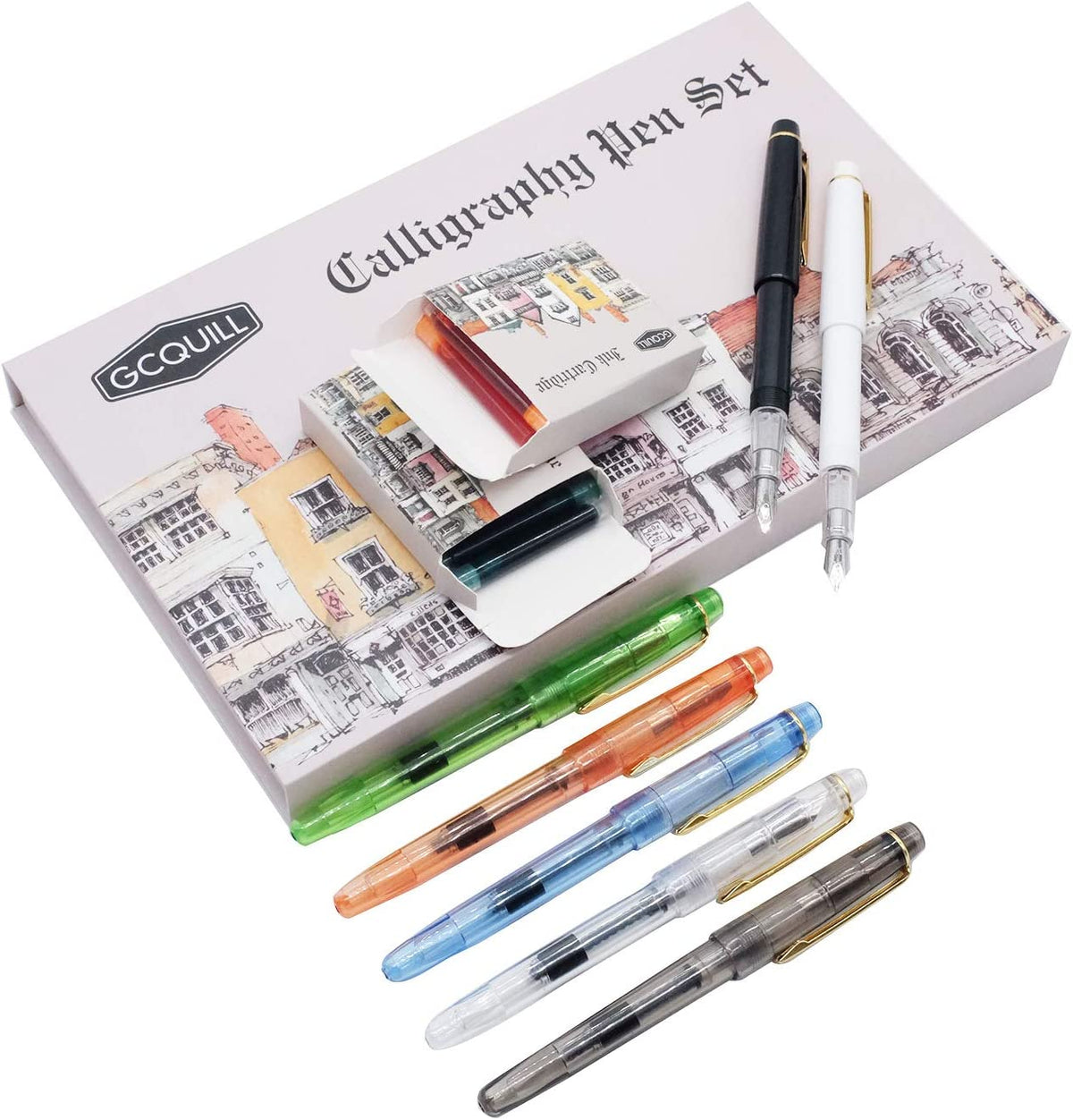 Fountain Pen Set 7 Different Size Nibs and 36 Assorted Ink Cartridges Kit for Calligraphy Lettering - Complete Easy Learning Set for Beginners