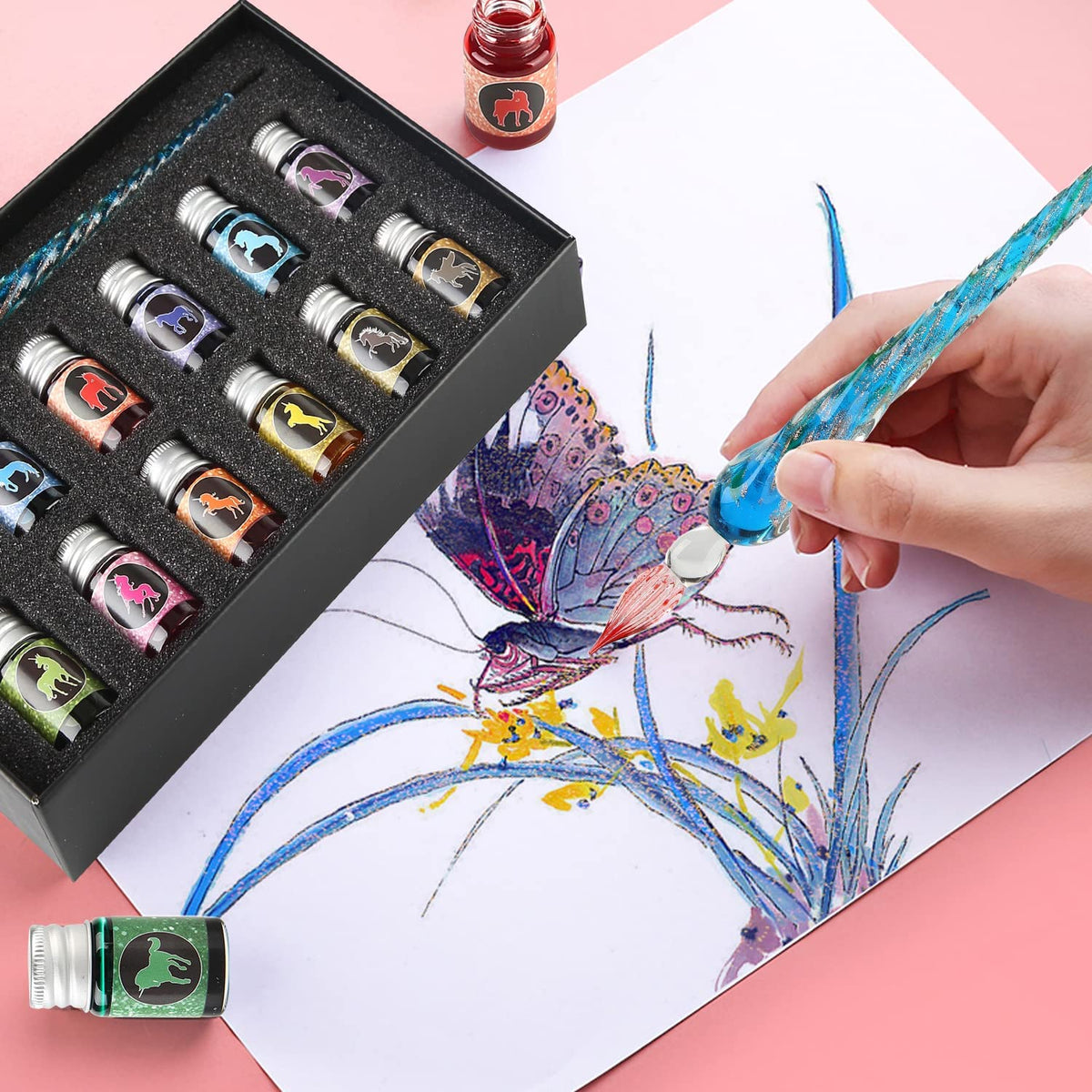 Glass Dip Pen Ink Set- Crystal Pen with 12 Colorful Inks for Art, Writing, Signatures, Calligraphy, Decoration, Gift GCGP-06