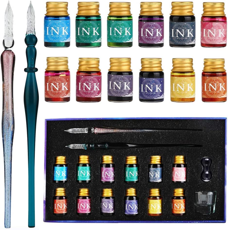 XIAOYU Glass Dip Pen Set, Calligraphy Pen Set, Happy Planet Glass Pen Set,  15-Piece Kit, Crystal Glass Pen & Pen Holder & Cleaning Cup & 12 Bottle