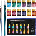 Glass Dip Pen Set - 2 Glass Dip Pens, 12 Multicoloured Ink, 1 Pen Holder, and 1 Cleansing Cup - for Greeting Cards, Poster Cards, Signatures, Calligraphy, Drawing, Writing, Decoration, and Gift GC-16