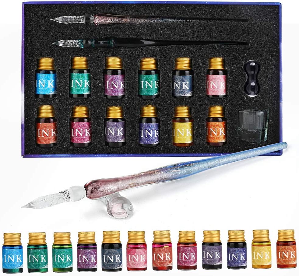 Glass Dip Pen Set - 2 Glass Dip Pens, 12 Multicoloured Ink, 1 Pen