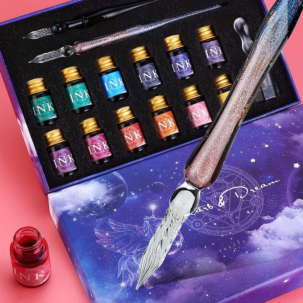 Glass Dip Pen 15Pcs Calligraphy Pens Set with12 Colors Inks Cute Glass  Caligraphy kits for Beginners Art Pen Set for Writing, Drawing,Decoration,  Gift