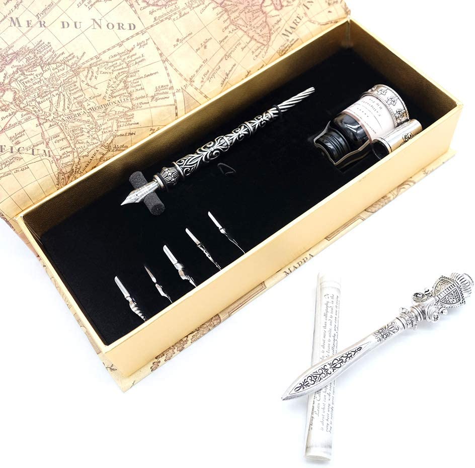 Metal Calligraphy Dip Pen and Letter Opener Set with 6 Nibs, 1 Ink Bottles and 1 Pen Holder - MU-06