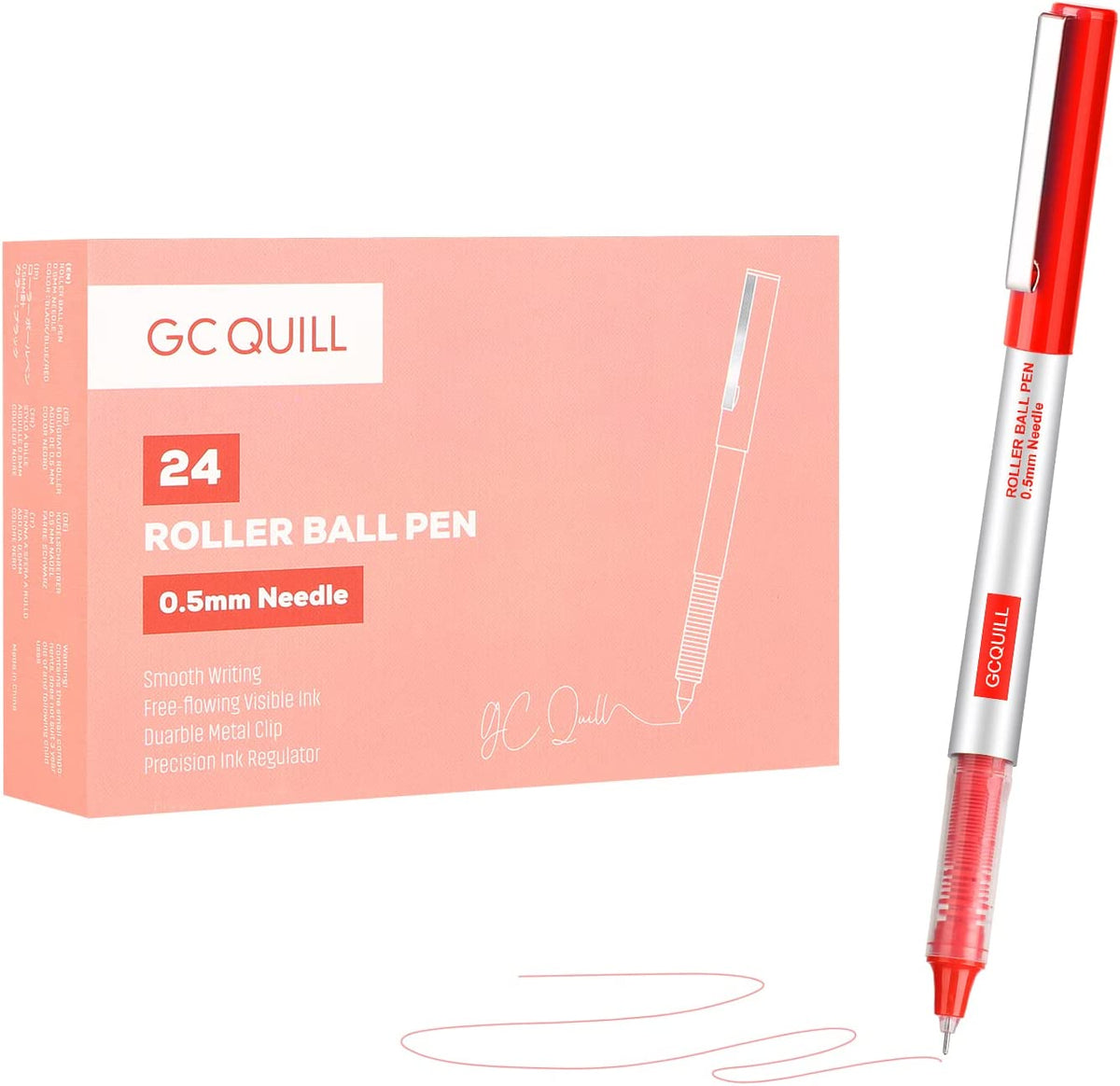 Red Rollerball Pens, Pack of 24, 0.5mm Red Liquid Ink Pens for Bullet Journaling, Fine Point Rollerball, Office Supplies for Writing, Taking Notes & Sketching RD24