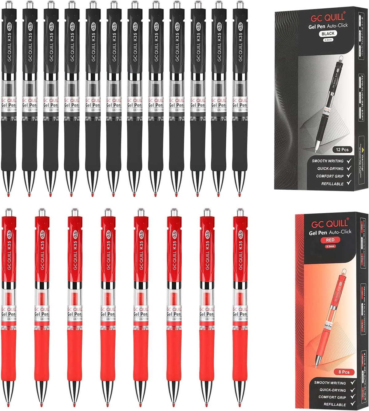 Refillable & Retractable Rolling Ball Gel Pens Set, Fine Point 12PCS Black and 8PCS RED Ink Colors for Office School Smooth Writing GC-GP20