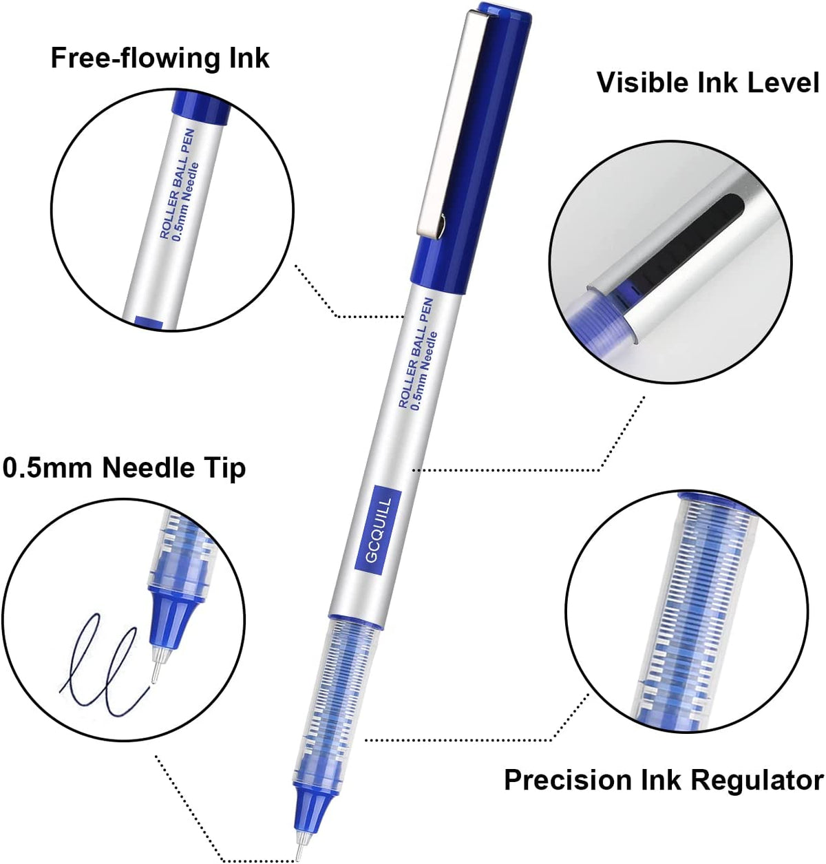 Rollerball Pens - 24 Pcs Blue Liquid Ink Pen - 0.5mm Rollerball Pen for Writing, Note-taking, Journalling GC-RB-BL24