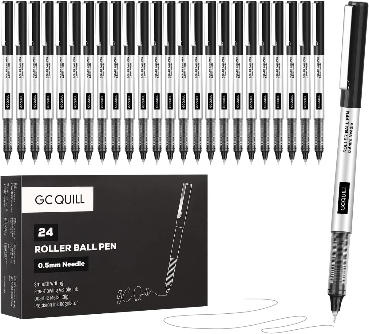 Rollerball Pens, Pack of 24, 0.5mm Black Liquid Ink Pens for Bullet Journaling, Fine Point Rollerball, Office Supplies for Writing, Taking Notes & Sketching BK24