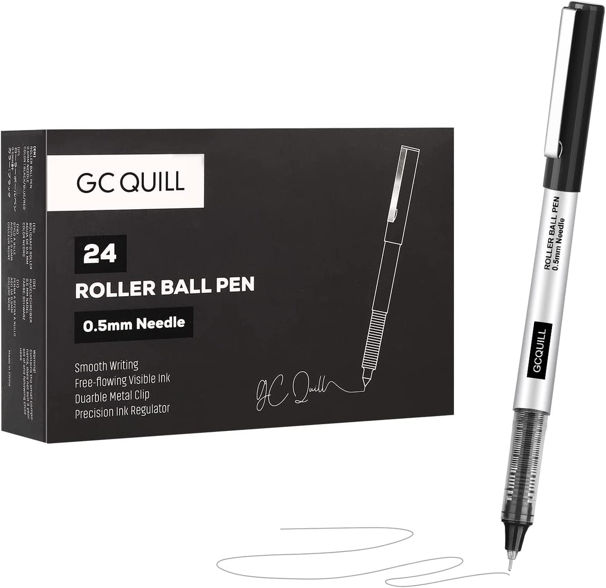 Rollerball Pens, Pack of 24, 0.5mm Black Liquid Ink Pens for Bullet Journaling, Fine Point Rollerball, Office Supplies for Writing, Taking Notes & Sketching BK24