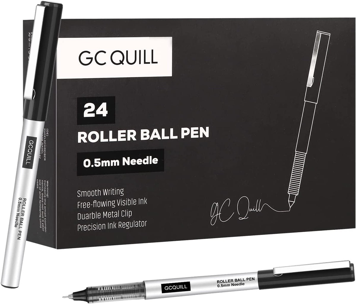 Rollerball Pens, Pack of 24, 0.5mm Black Liquid Ink Pens for Bullet Journaling, Fine Point Rollerball, Office Supplies for Writing, Taking Notes & Sketching BK24