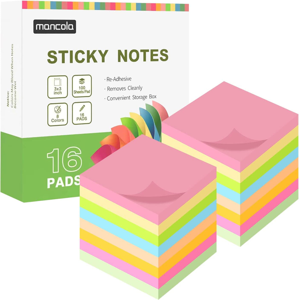Sticky Notes Post, 8 Colors Self Sticky Notes Pad Its 3X3 in,16 Pads Bright Post Stickies Colorful Big Square Sticky Notes for Office, Home, School, Meeting,100 Sheets/pad