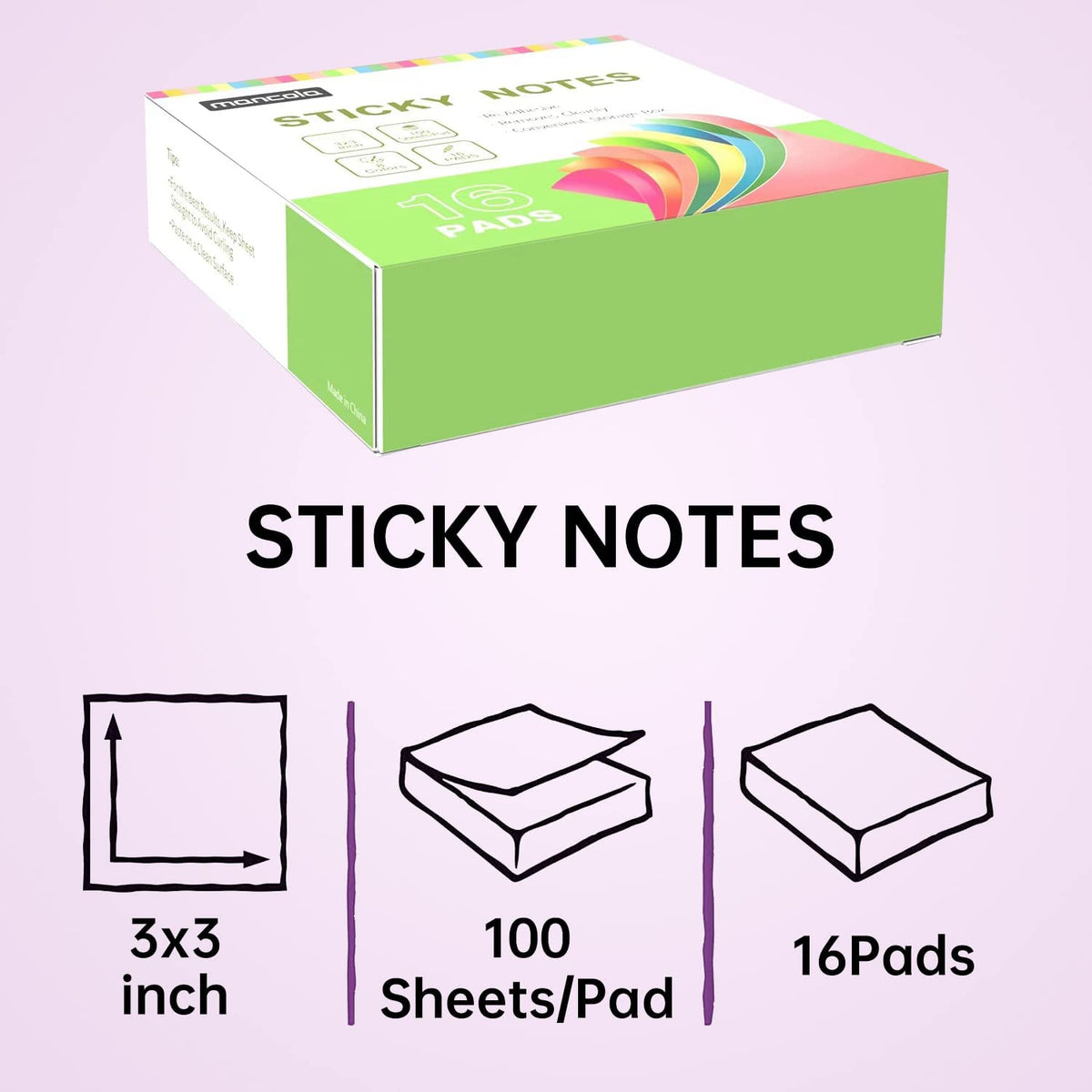 Sticky Notes Post, 8 Colors Self Sticky Notes Pad Its 3X3 in,16 Pads Bright Post Stickies Colorful Big Square Sticky Notes for Office, Home, School, Meeting,100 Sheets/pad