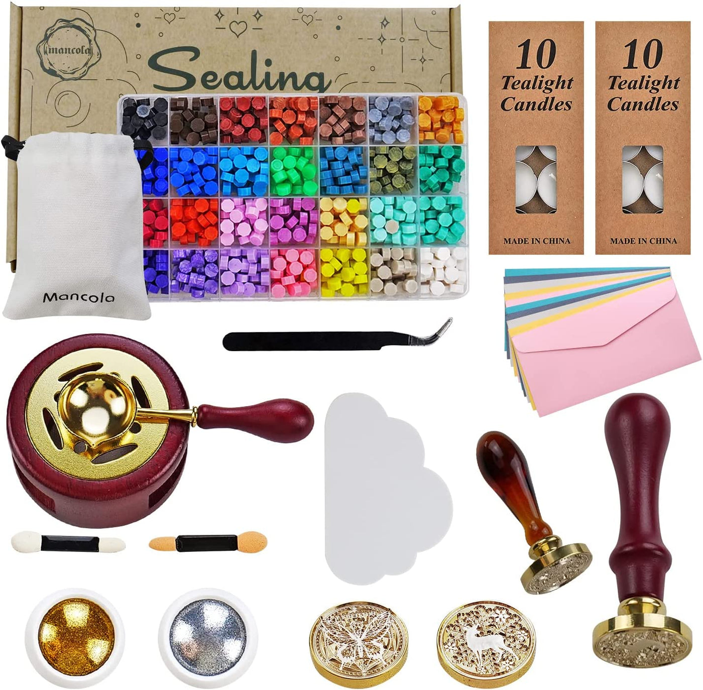 Mancola Wax Seal Stamp Kit with Gift Box, 28 Colors and 700 Pcs Wax Seal  Beads with Wax Seal Stamp, Sealing Wax Warmer, Wax Seal ,Golden and Silver  Power,Wax Seal Kit for