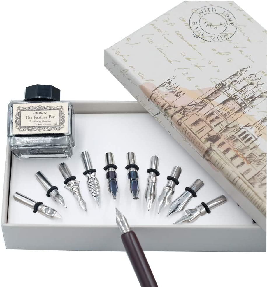 Plotube Calligraphy Pen Set Includes Wooden Dip Pen Antique Brass Holder 11  Nibs 7 Colors Ink Bottles and Beginner's Manual